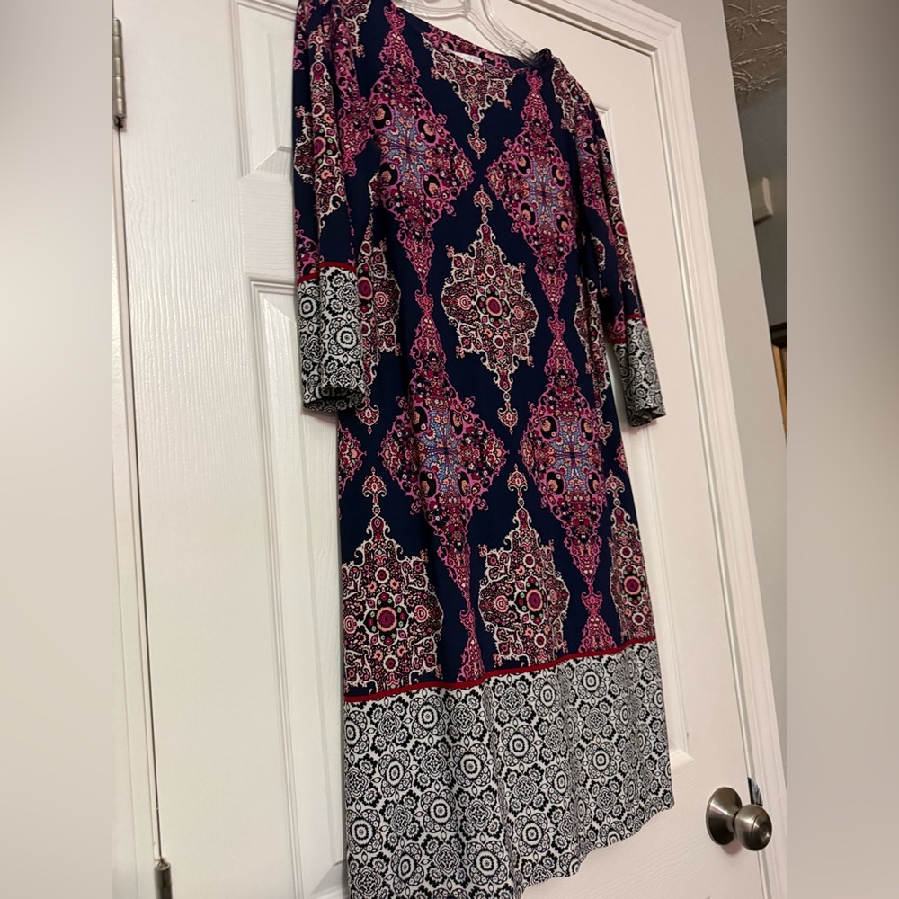 Elegant London Times Navy and Pink Patterned Dress Size 12